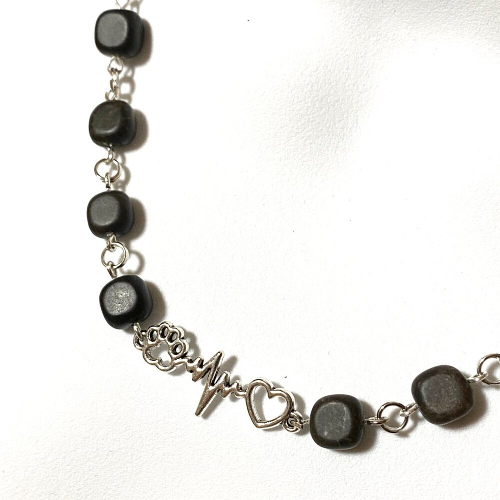 Genuine Black Agate Short Necklace, Gemstone Cube & Paw Print Heart Beat Pendant